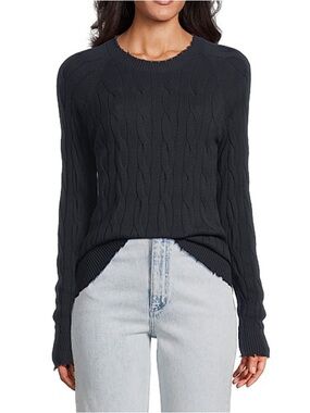 MINNIE ROSE Women's Frayed Cable-Knit Crewneck Sweater